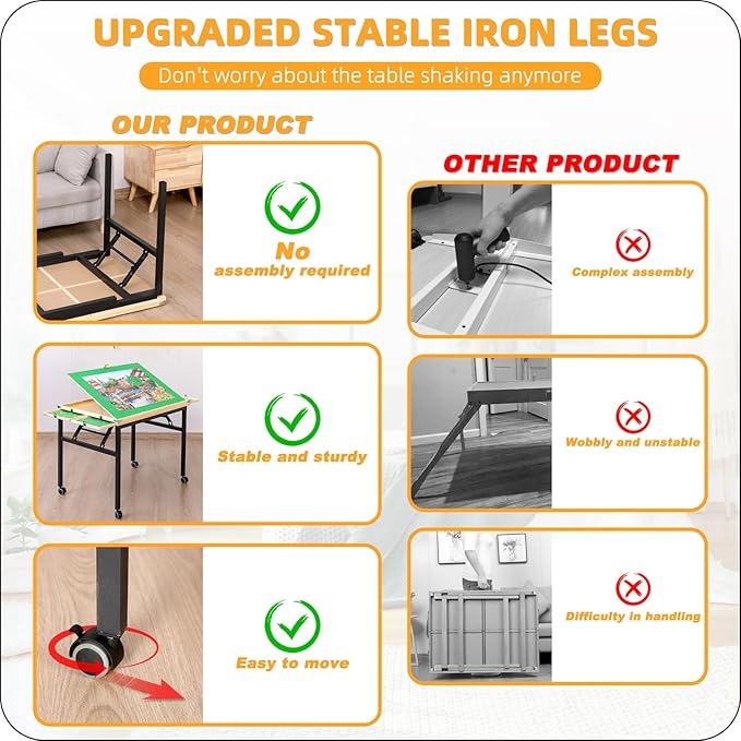 Puzzle Table with 4 Drawers & Legs & Cover 1500 Piece Foldable Adjustable Jigsaw Table with Wheels Wooden Portable No Assembly Puzzle Tables for Adults and Seniors Gifts