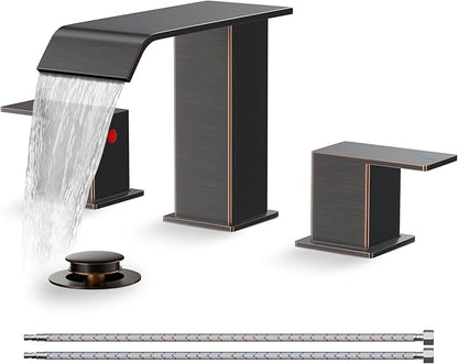 FORIOUS Bathroom Faucets 3 Hole Oil Rubbed Bronze, 8 Inch Widespread Bathroom Sink Faucet Waterfall Spout, with Pop Up Drain and Water Supply, Suitable for Vanity Rv Commercial Lavatory Restroom