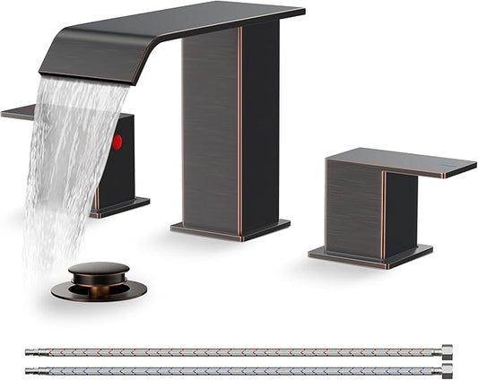FORIOUS Bathroom Faucets 3 Hole Oil Rubbed Bronze, 8 Inch Widespread Bathroom Sink Faucet Waterfall Spout, with Pop Up Drain and Water Supply, Suitable for Vanity Rv Commercial Lavatory Restroom