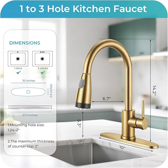 LED Kitchen Faucet with Pull Down Sprayer - Brushed Gold Single Handle Kitchen Faucets, High Arc Stainless Steel Pull Out Kitchen Sink Faucet with Deck for RV Laundry Farmhouse Bar
