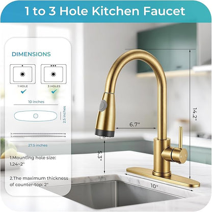 LED Kitchen Faucet with Pull Down Sprayer - Brushed Gold Single Handle Kitchen Faucets, High Arc Stainless Steel Pull Out Kitchen Sink Faucet with Deck for RV Laundry Farmhouse Bar