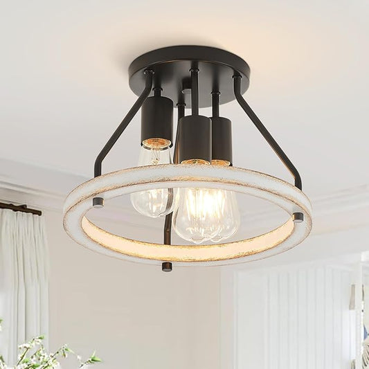 Rustic Flush Mount Ceiling Light Fixture with Oak White Wood Circle Shade Farmhouse Mini Semi Ceiling Lamps for Hallway Entryway Kitchen Closet 3-Light
