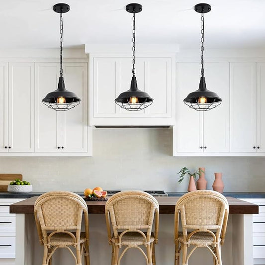 Black Pendant Light Kitchen Island 3 Pack, Farmhouse Pendant Light with Metal Wire Cage, Industrial Hanging Lights for Kitchen Sink Barn Dining Room