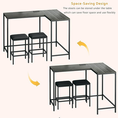 HUAHUU L Shaped Bar Table with 2 Stools, 63‘’ Bar Height Table with Power Outlets, Convertible Corner Counter Height Bar Table, Rectangular High Top Table for Small Spaces, Breakfast Nook, Grey Oak