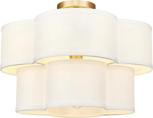 Gold Semi Flush Mount Ceiling Light, 5-Light 18" Ceiling Light Fixtures with Double Fabric Drum Shade in Quatrefoil Shape, Light Fixtures Ceiling Mount for Nursery Bedroom, AD-22007-5SF-GD