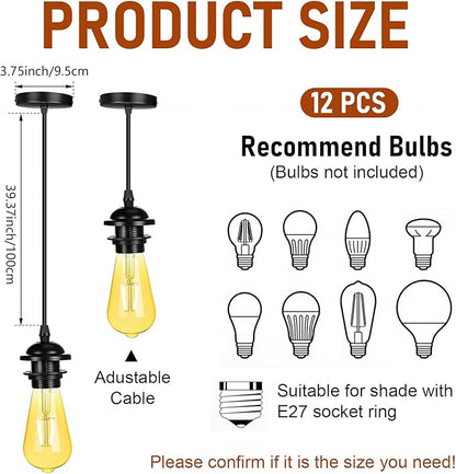 12 Pack Industrial Mini Pendant Light Kit Bulk, UL E26/E27 Lamp Socket 3.28 ft Adjustable Hanging Light Cord Kit Edison Vintage Retro Ceiling Lamp Fixture for Kitchen Bar Decor(Black)