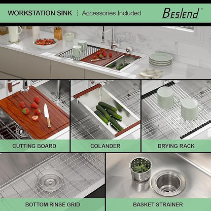 33 Inch Drop In Kitchen Sink Workstation - Beslend 16 Gauge T304 stainless Steel Drop In Sink 33x22 Single Bowl Top Mount Over Counter Handmade Kitchen Basin 33x22x10 Inch