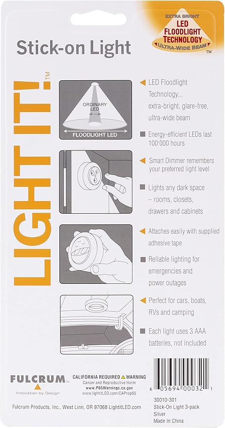 LIGHT IT! by Fulcrum, 30010-301 Stick-On Light, Silver, 3 Pack