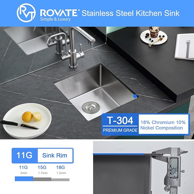 Bar Sink, ROVATE 15 x 15 x 8 inch Bar or Prep Kitchen Sink Undermount, Single Bowl T-304 Stainless Steel Small Sinks Handmade with Strainer