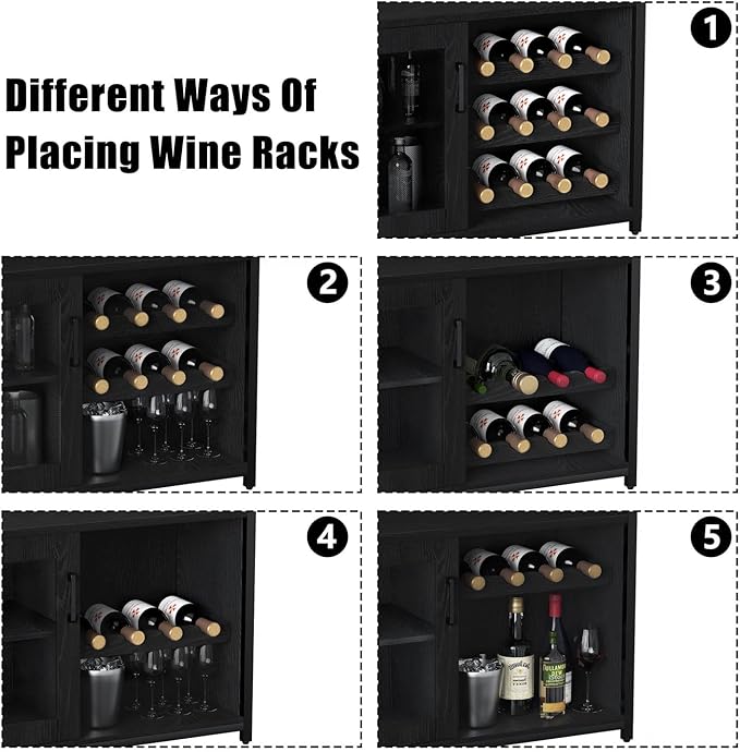 GAOMON Coffee Wine Bar Cabinet with Storage and Detachable Rack, Farmhouse Sideboard and Buffet Cabinet with Glass Holder and Mesh Door, Liquor Coffee Bar Cupboard, Black