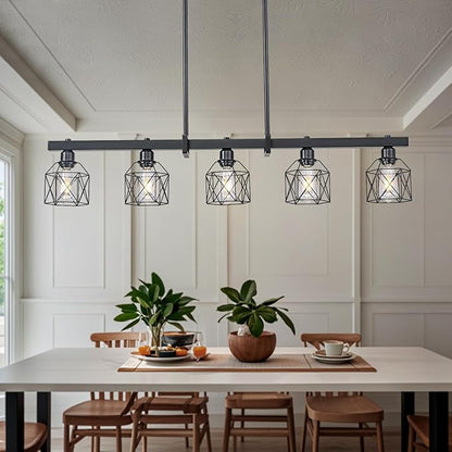 5-Light Modern Farmhouse Island Lighting, Adjustable Height Black Rustic Chandelier with Matte Black Geometric Shade, E26 Base Hanging Light for Dining Room Over Table