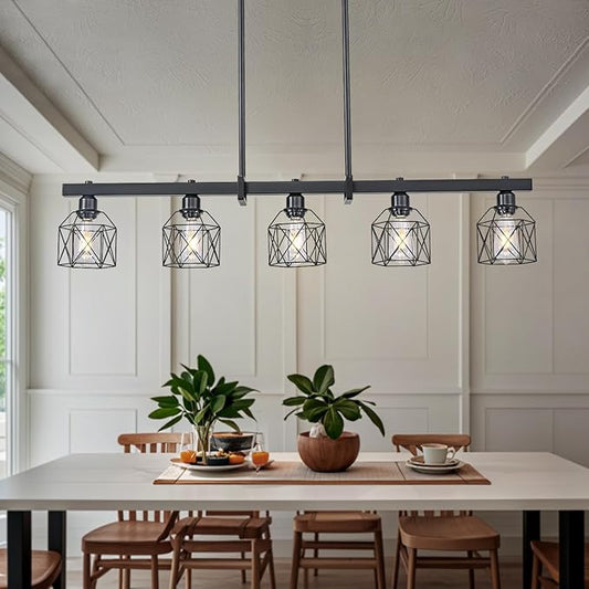 5-Light Modern Farmhouse Island Lighting, Adjustable Height Black Rustic Chandelier with Matte Black Geometric Shade, E26 Base Hanging Light for Dining Room Over Table
