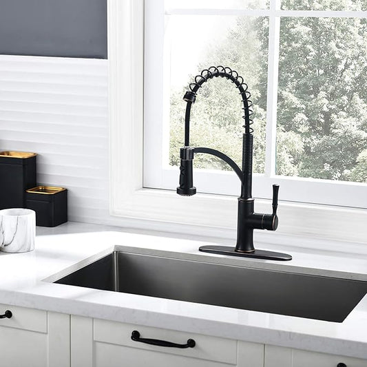 Bronze Kitchen Faucet with Pull Down Sprayer, Oil Rubbed Bronze Single Handle High Arc Commercial Farmhouse Kitchen Sink Faucet with Deck Plate