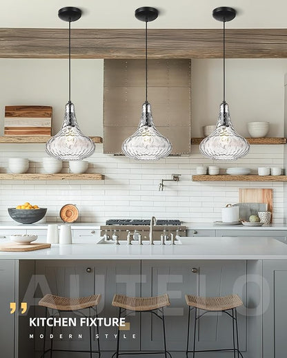 AUTELO Black Pendant Lights Kitchen Island, 10" Hammered Pendant Lights, Industrial Hanging Lamp in Matte Black Finish and Clear Hammered Glass, Pendant Light Fixtures for Dining Room, H9164 HMBK