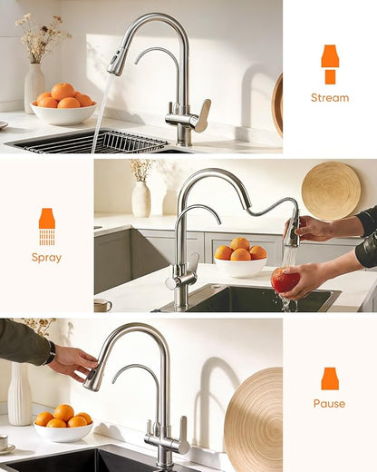 WANFAN Kitchen Sink Faucet with Pull Down Sprayer 2 Handle 3 in 1 Water Filter Purifier Faucets Brushed Nickel 0195SN