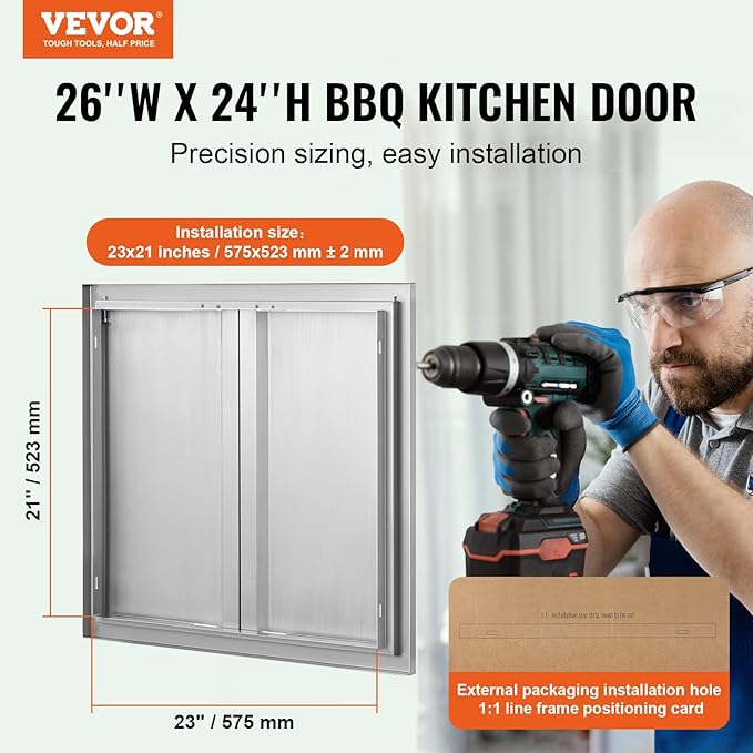 VEVOR BBQ Double Outdoor Kitchen Door, 26W x 24H Inch, Stainless Steel Flush Mount, Vertical Wall Door with Recessed Handles, for Grilling Station