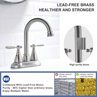Brushed Nickel Bathroom Faucets - 4In Two Handles Centerset Bathroom Sink Faucet | 2 or 3 Hole Vintage Lavatory Vanity Sink Faucets 360° Swivel Spout with Overflow Pop-up Drain & Water Hoses