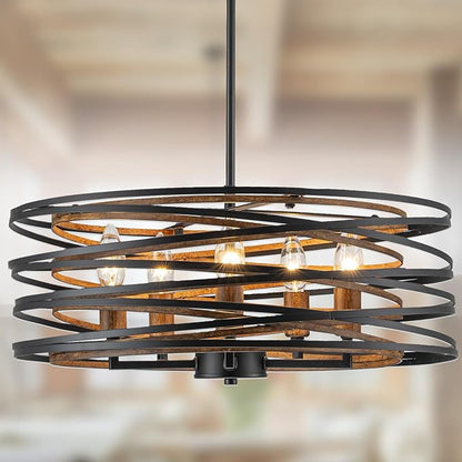Bargeni Chandeliers,20 Inch Dining Room Light Fixture,Matte Black Dining Room Chandelier with Wood-Like Interior,5-Light Farmhouse Chandelier for Kitchen Island,Living Room,Foyer,Stairway