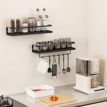 Bathroom Shelves with Towel Bar,Floating Shelves for Bathroom, Kitchen, Bedroom, Paulownia Wood, Matte Black Metal Frame - Set of 2 (Black)