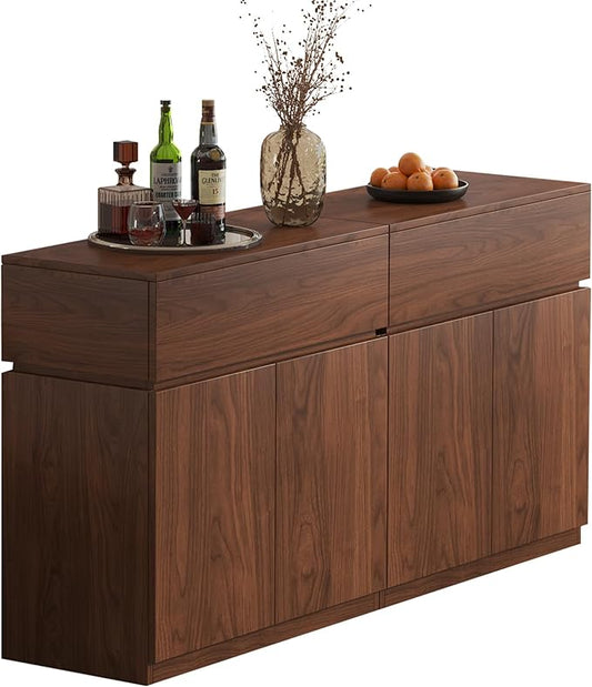 63"Buffet Cabinet with Drawers & Door, Set of 2 Modular Stackable Sideboard Coffee Bar Cabinet with Adjustable Shelves, Matte Walnut Storage Accent Credenza for Living Room Dining Room Hallway