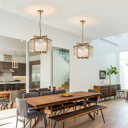 16" Gold Chandelier Light Fixture,Brass Pendant Modern Crystal Chandelier,Water Ripple Glass, Adjustable Height, Elegant Round Hanging Lighting for Kitchen Island Entryway Foyer Dining Room