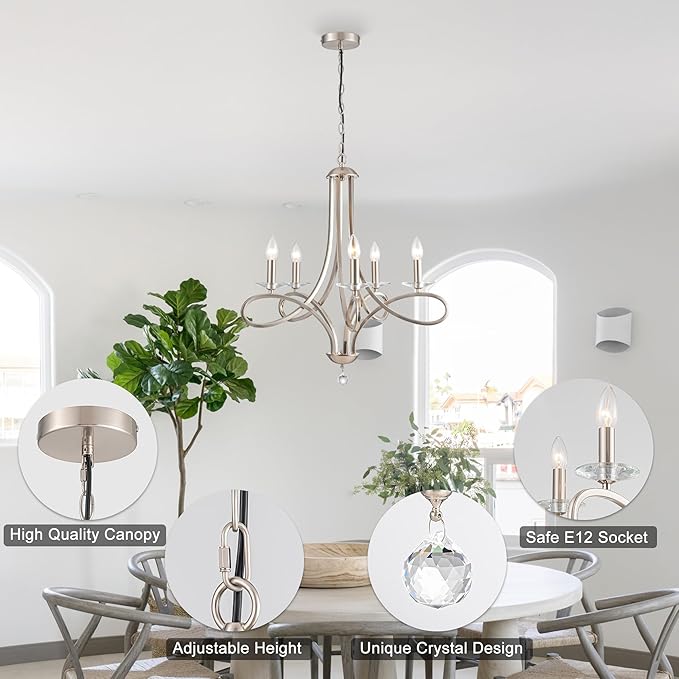 Modern Brushed Nickel Finish Chandeliers, 5-Lights Farmhouse Candle Scroll Arms Dining Room Light Fixture Industrial Ceiling Hang Light Fixture