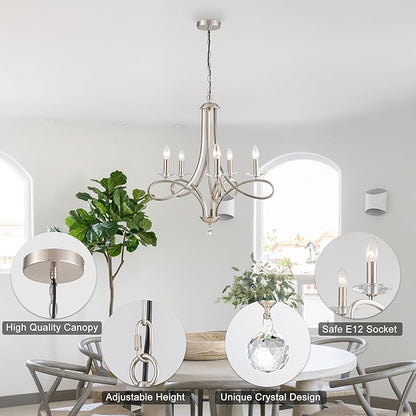 Modern Brushed Nickel Finish Chandeliers, 5-Lights Farmhouse Candle Scroll Arms Dining Room Light Fixture Industrial Ceiling Hang Light Fixture