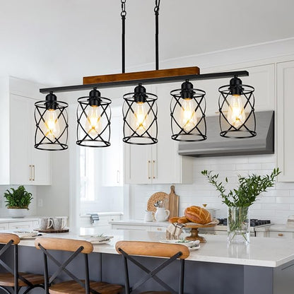Farmhouse Dining Room Light Fixture: Modern 5-Light Kitchen Island Hanging Lighting with Metal Lampshade, Matte Black Industrial Linear Chandelier Over Table