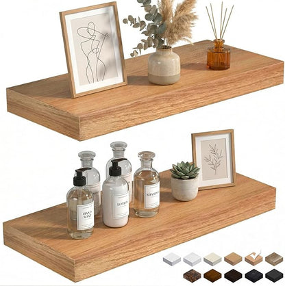 INHABIT UNION 24in Floating Shelves for Wall, Wall Mounted Shelves for Decor Storage Set of 2, Floating Shelf for Bedroom, Bathroom, Living Room and Kitchen（Beech）
