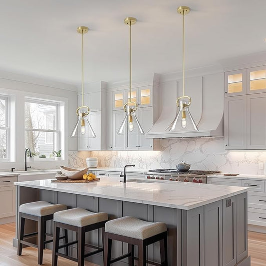 Glass Pendant Lights Kitchen Island 9.8",Matte Gold Island Pendant Lights 1 Light Modern Pendant Hanging Lamps with Funnel Glass Shade for Kitchen over Dining Table,E26 Base,Adjustable Height,Dimmable
