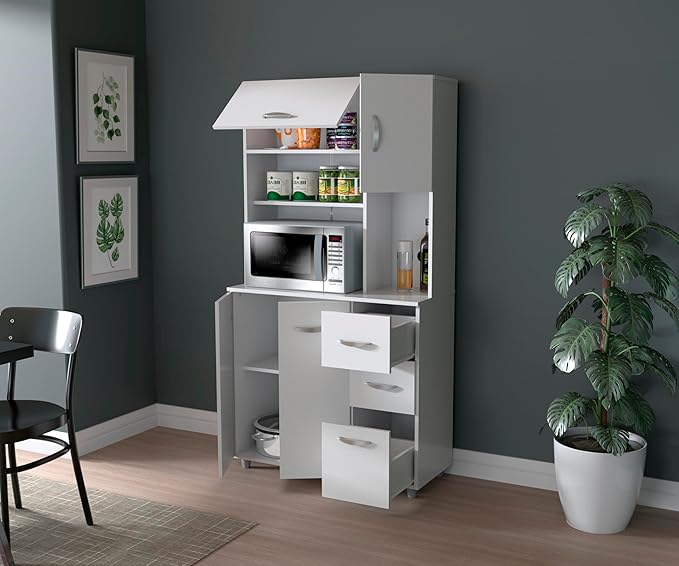 Inval America 4-Door Kitchen Microwave Storage Cabinet with 3 Drawers, Kitchenette Standing Pantry, 71"H x 23.6"W x 17.1"D, White
