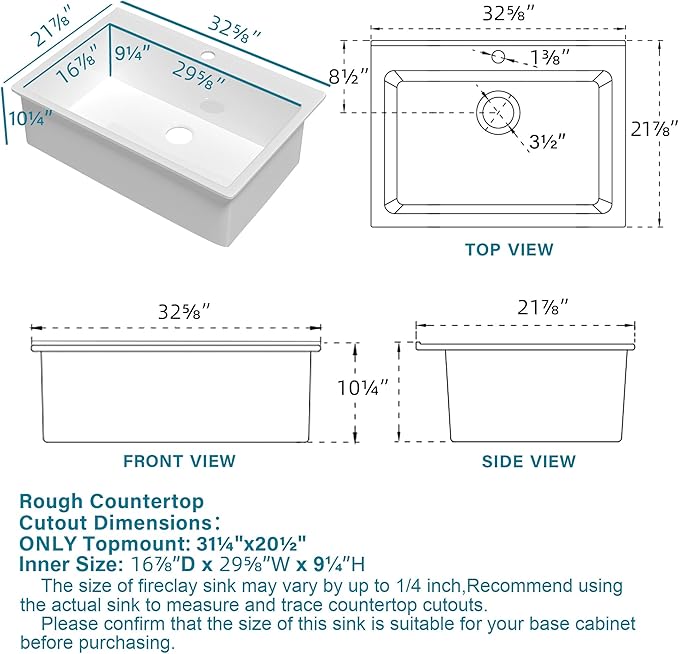 33x22 Drop In Kitchen Sink White 1 Hole, 33 Inch Topmount Fireclay Sink Drop In Single Bowl, Heavy Duty Large Capacity Deep Basin, w 2 Custom Accessories, Pure White, for Kitchen