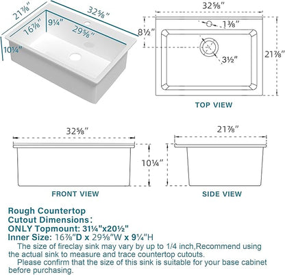 33x22 Drop In Kitchen Sink White 1 Hole, 33 Inch Topmount Fireclay Sink Drop In Single Bowl, Heavy Duty Large Capacity Deep Basin, w 2 Custom Accessories, Pure White, for Kitchen