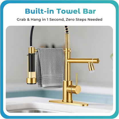 LED Kitchen Faucet with Pull Down Sprayer - Brushed Gold Single Handle Commercial Kitchen Faucets, 2-Spout Kitchen Sink Faucet, Stainless Steel Spring Pull Out Sink Faucet 1/3 Hole
