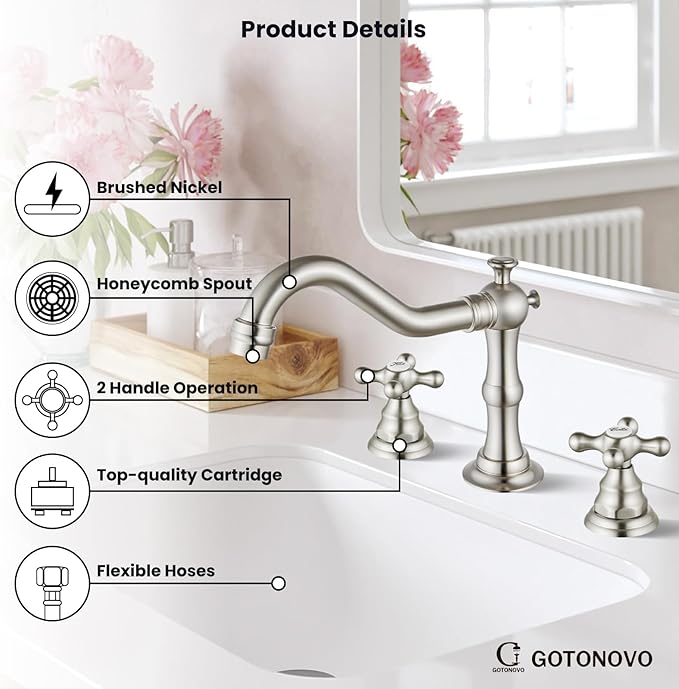 gotonovo Bathroom Faucet 3 Hole 8 Inch Widespread Bathroom Sink Faucet 2 Cross Handles Vintage Lavatory Vanity Mixer Tap with Pop Up Drain, Round Font Label, Brushed Nickel