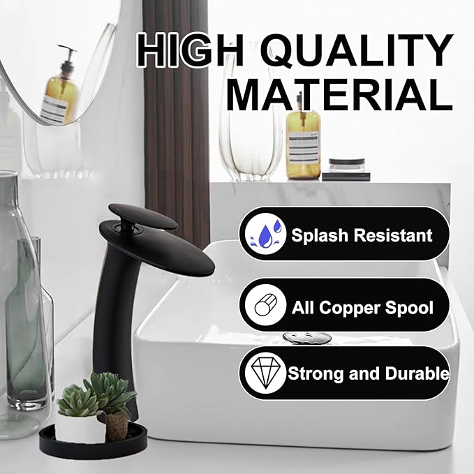 Wovier Matte Black Waterfall Bathroom Faucet,Single Handle Single Hole Brass Lavatory Vanity Vessel Faucet,Slanted Body Basin Mixer Tap Tall Body with Supply Hose and Pop Up Drain Assembly