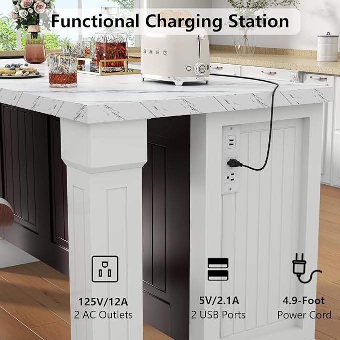Gyfimoie 63" Large Imitation Marble Dining Table with Roman Column,36" H Island Table with Charging Station,Mordern Kitchen Island,Home Bar Unit for Home Kitchen, Living Room, Balcony, Basement