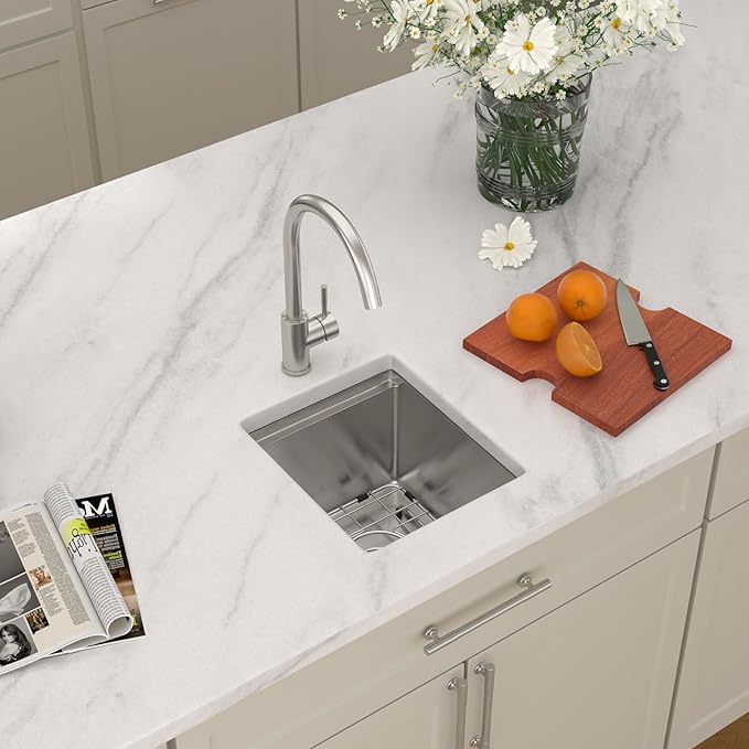 Dcolora Undermount Small Bar Sink 13x15x9 inches, Brushed 304 Stainless Steel, Heavy Duty 16 Gauce, Save Space with Full-size Cutting Board #DC-UW258001