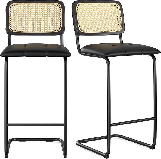 Counter Height Bar Stools Set of 2, Upholstered PU Leather Bar stools with Rattan Back, 30 inch Stools Armless Bar Chairs for Kitchen Island, Black