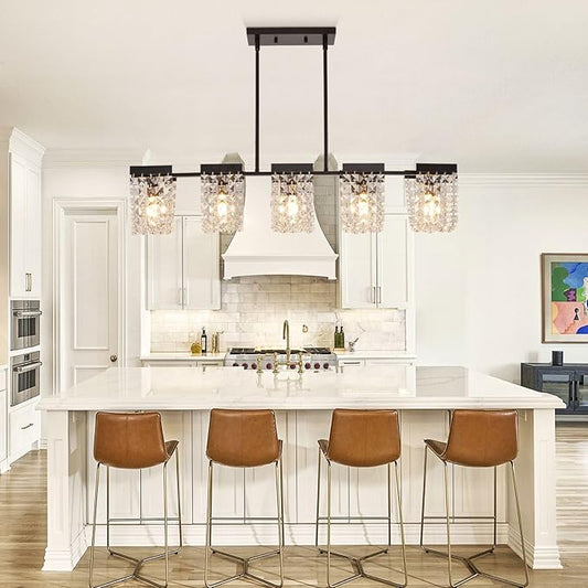 36" Black Chandelier, 5-Light Crystal Chandeliers for Dining Room, Modern Dining Room Light Fixture, Farmhouse Kitchen Island Lighting, Vintage Hanging Pendant Lights, Dining Chandelier Over Table