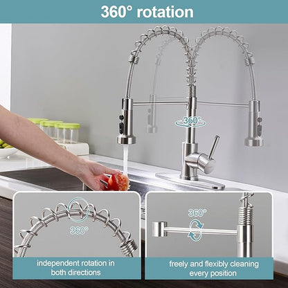 Kitchen Faucets with Pull Down Sprayer, Brushed Nickel Stainless Steel Single Handle Pull Out Spring Sink Faucet, 3 Function Sprayer 1 or 3 Hole Deck Plate for Farmhouse Laundry Rv Bar