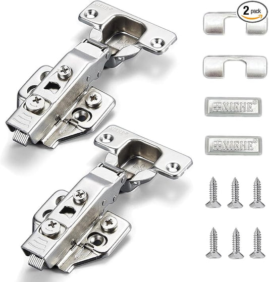 XIEHE Hardware 110 Degree Clip-on Soft Closing Half Overlay Frameless Hinges 2 Pack, for Kitchen Cabinets Door Brushed Nickel 3D Flush Mount European Hinge with Screws