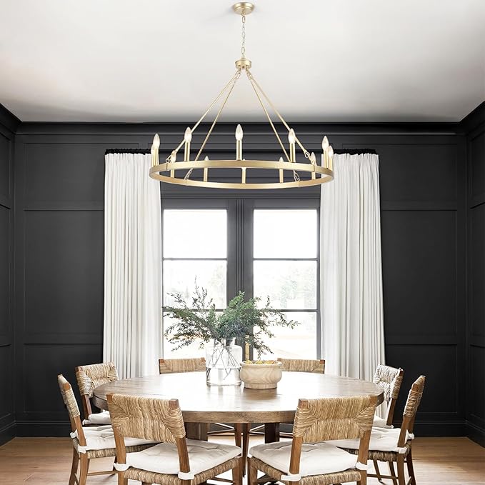 Gold Wagon Wheel Chandelier for Dining Room Light Fixture 12Light Gold Chandelier for Foyer 38inch 27-86" Height Adjustable Pendant Light for Flat Sloped Ceilings Dining Room Kitchen Island Entryway