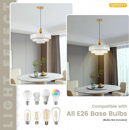 Mid Century Pendant Light with Wood & Brass, 3-Layer White Metal Shade, Nordic Flush Mount Ceiling Lamp for Kitchen Table Over Sink, Vintage Hanging Fixture