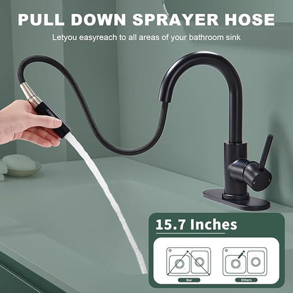 Matte Black Bathroom Faucets for 1 or 3 Hole, Single Handle Bathroom Sink Faucet with Pull Down Sprayer, Vanity Faucet with Pop-Up Drain and Deck Plate for Bar Laundry Basin