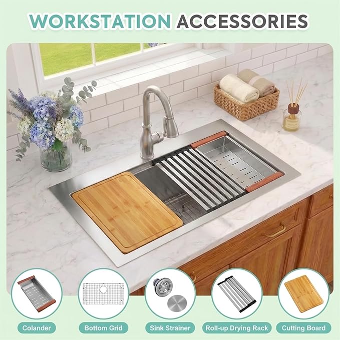 Drop In Kitchen Sink 33" X 22",Top Mount 16 Gauge Stainless Steel Workstation Sink,Deep & Large Single Bowl Kitchen Sinks