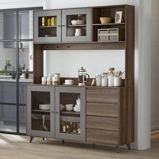 ECACAD Freestanding Kitchen Pantry Storage Cabinet with Glass Doors, Shelves & Drawers, Modern Sideboard Buffet Cabinet, Wood Kitchen Cupboard with Hutch and Hooks, Dark Brown