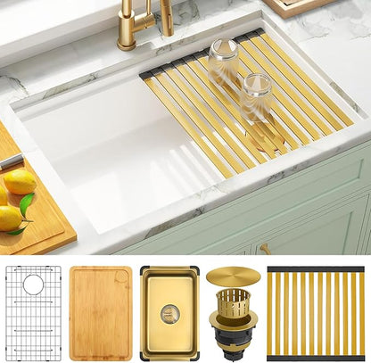 White Undermount Kitchen Sink 33 X 18 inch,Granite Composite Kitchen Sink Offset Drain,Undermount/Drop In Kitchen Sinks with Workstation,Large Single Basin (White, 33" X 18")