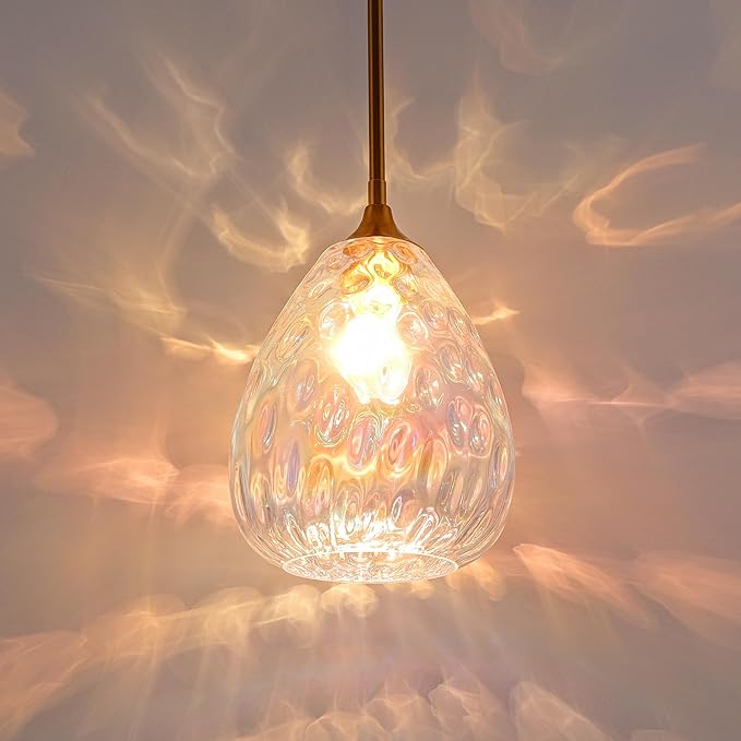 Stained Hammered Glass Pendant Light with Brass Gold Accent, Adjustable Hanging Lamp for Kitchen, Dining Room, and Living Room