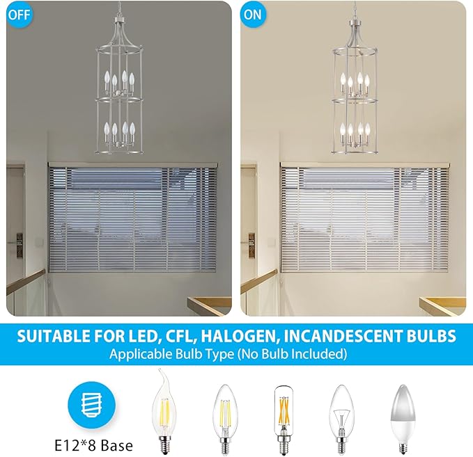 XINGQI Brushed Nickel Chandeliers for High Ceilings, 8 Light Lantern Tiered Chandelier Modern Farmhouse Cage Pendant Lighting Fixture for Staircase Foyer Kitchen Island Dinning Room Living Room